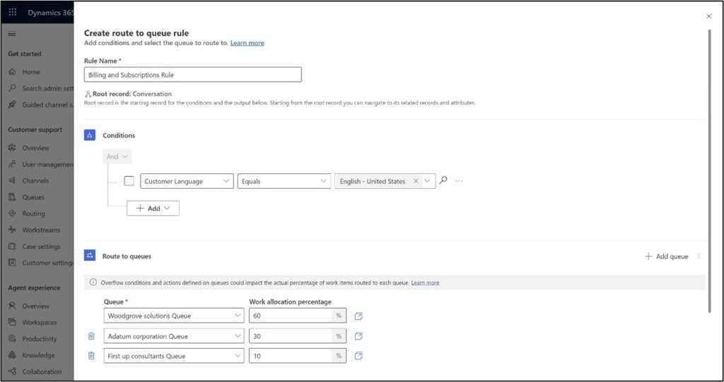 Use percentage-based routing to load-balance customer service requests